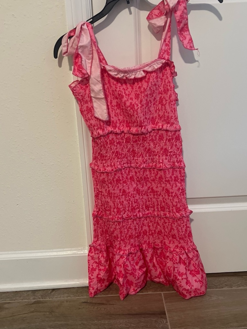 SHEIN Pink Shirred Ruffle Tie-Shoulder Sundress